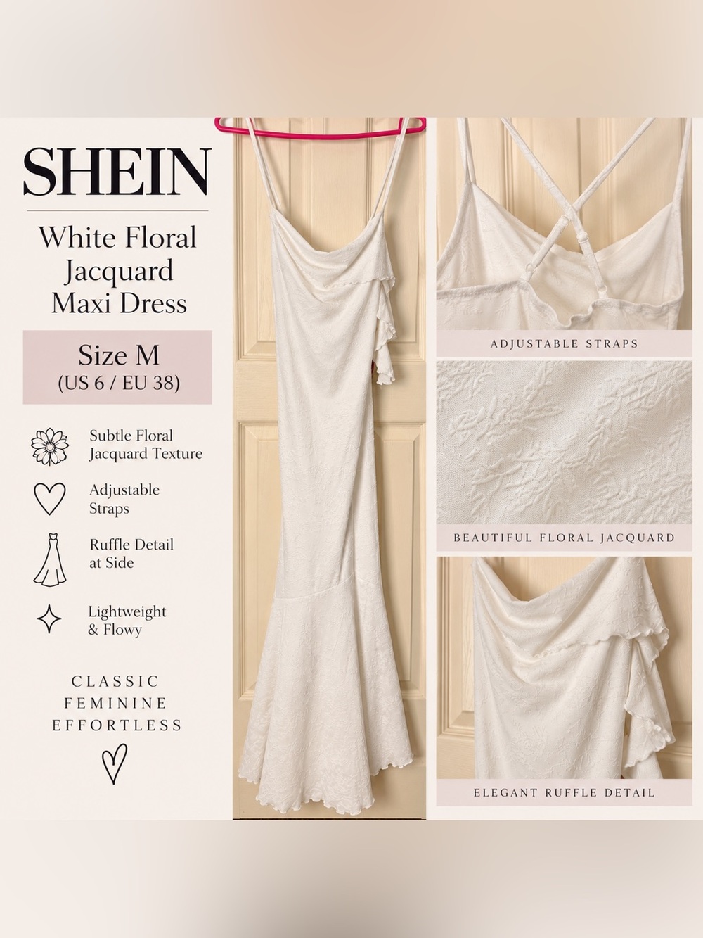 SHEIN Cream Floral Jacquard Maxi Dress with Side Ruffle